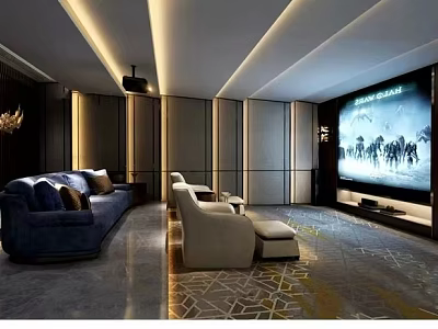 Modern Home Theater With Large Screen Blue Sofa White Single Chair Carpet And Lighting 3d model