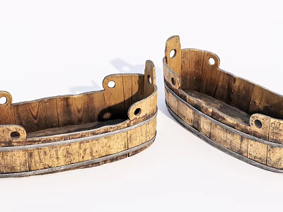 Vintage Wooden Boat Shaped Decorative Ornament Set with Rustic Texture for Home 3d model
