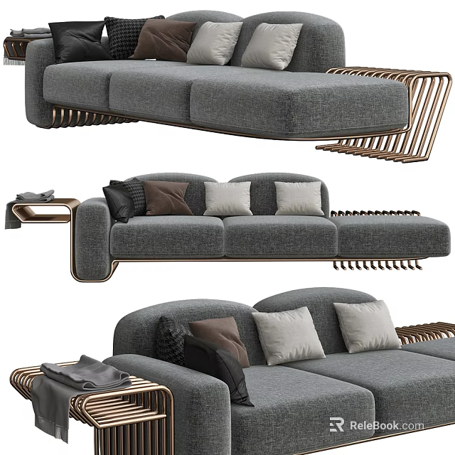 Modern Grey Three Seater Sofa with Brass Frame and Decorative Mixed Color Cushions 3d model 