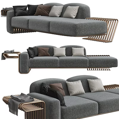 Modern Grey Three Seater Sofa with Brass Frame and Decorative Mixed Color Cushions 3d model