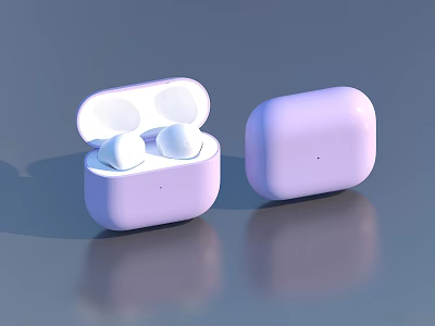 Light Purple Wireless Earbuds Charging Case Open With Earbuds Inside And Closed On Reflective Background 3d model