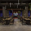 Warm Restaurant Interior With Red Brick Walls Green Plants Pendant Lights And Wooden Decor