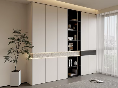 Modern White Display Cabinet With Open Shelves And Decorative Items Green Plant And Window Curtain 3d model