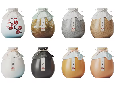 Various Decorative Wine Bottles With Cloth Wrapped Necks And Colorful Design Patterns 3d model