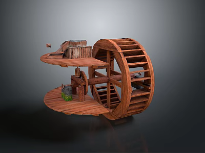 Wooden Waterwheel 3D Model Structure With Detailed Platforms And Miniature Decorations 3d model