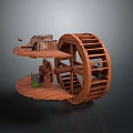 Wooden Waterwheel 3D Model Structure With Detailed Platforms And Miniature Decorations
