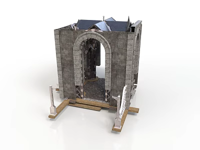 Ancient Stone Building with Arched Doorway and Damaged Roof on Wooden Base with Decorative Pedestals 3d model