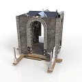 Ancient Stone Building with Arched Doorway and Damaged Roof on Wooden Base with Decorative Pedestals