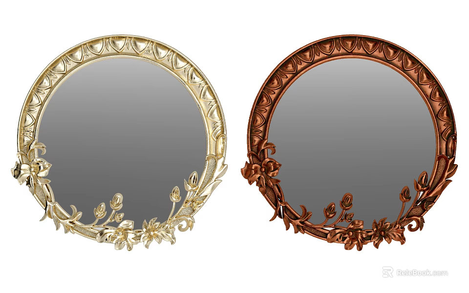 Two Round Mirrors With Decorative Gold And Copper Frames Featuring Floral Carvings 3d model