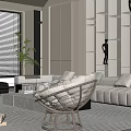 Modern Living Room Interior Design With White Sofa Woven Chair And Large Window