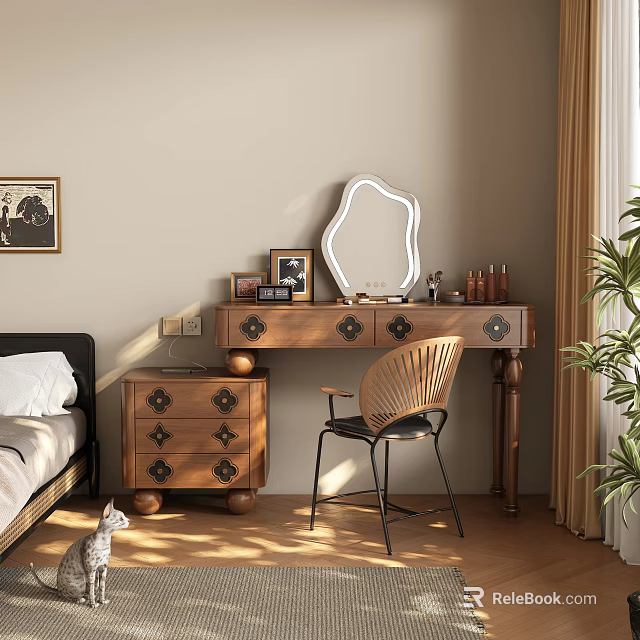 Wooden Dressing Table With Unique Mirror Drawers Chair And Decorations In Bedroom 3d model 