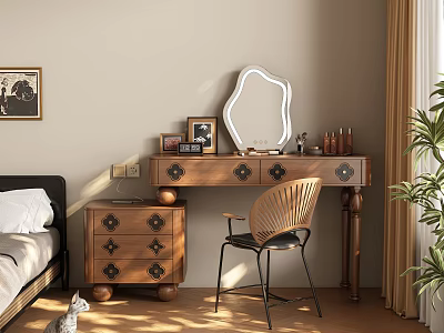 Wooden Dressing Table With Unique Mirror Drawers Chair And Decorations In Bedroom 3d model
