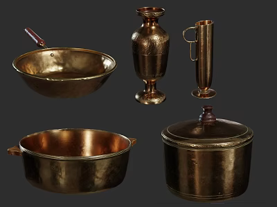 Vintage Copper Kitchenware Collection With Decorative Bowls Vase And Lidded Pot 3d model