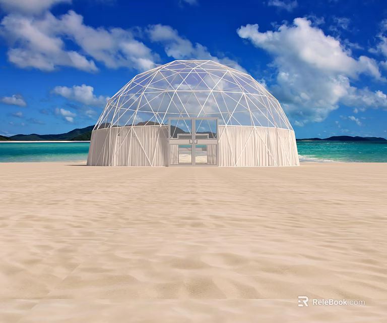 Transparent Dome Tent on Sandy Beach with Blue Sea Sky and Mountains 3d model 