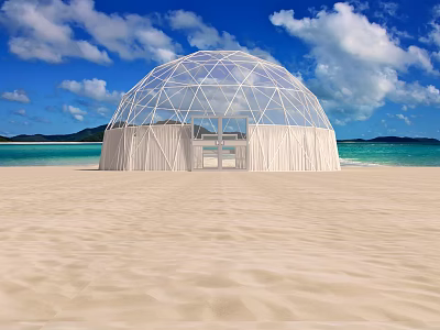 Transparent Dome Tent on Sandy Beach with Blue Sea Sky and Mountains 3d model