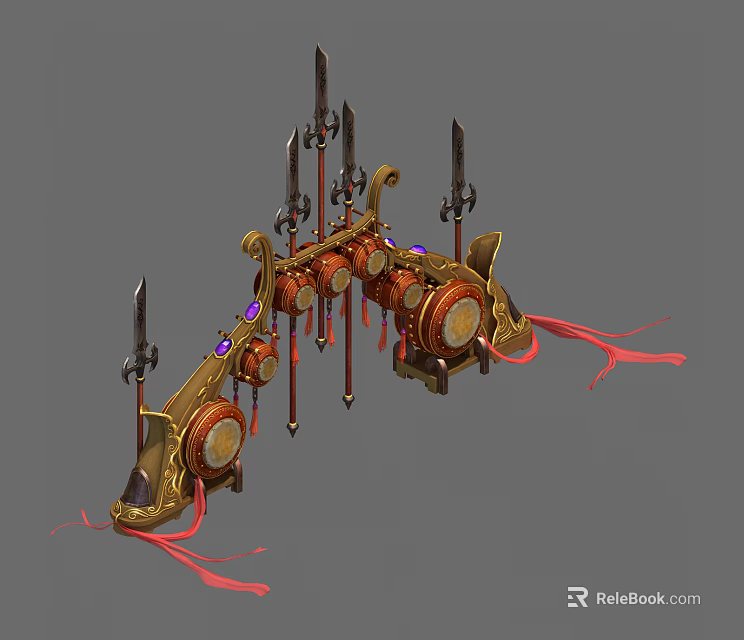Elaborate Decorative Weapon Structure With Golden Accents Purple Gems And Red Tassels 3d model 