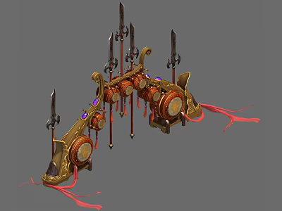 Elaborate Decorative Weapon Structure With Golden Accents Purple Gems And Red Tassels 3d model