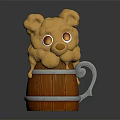 Wine Bottle Glass Decorated With Cute Orange Bear On Wooden Barrel With Metal Handle