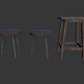 Wooden Furniture Set Including Two Small Round Stools And One Tall Stool