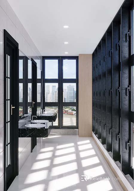 Modern Public Toilet Interior With Large Windows City View Washbasins And Stalls 3d model 