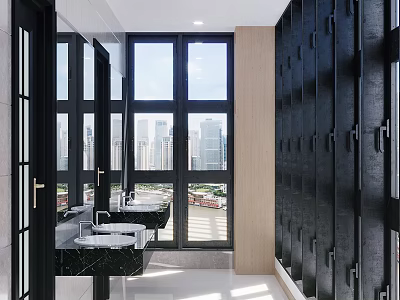 Modern Public Toilet Interior With Large Windows City View Washbasins And Stalls 3d model