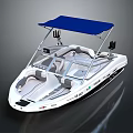 White Recreational Yacht With Blue Canopy And Sleek Modern Design