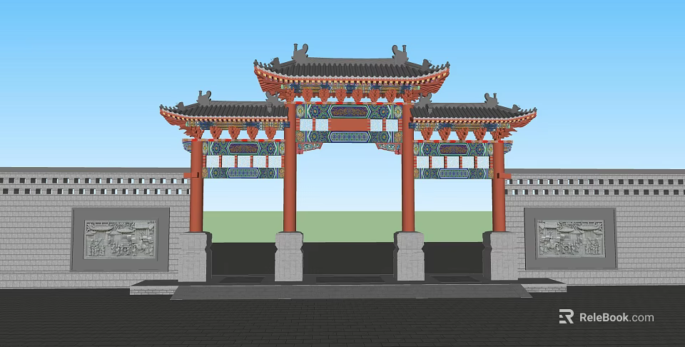 Traditional Chinese Ancient Architecture Archway With Ornate Roof Red Pillars And Carved Brick Walls 3d model 