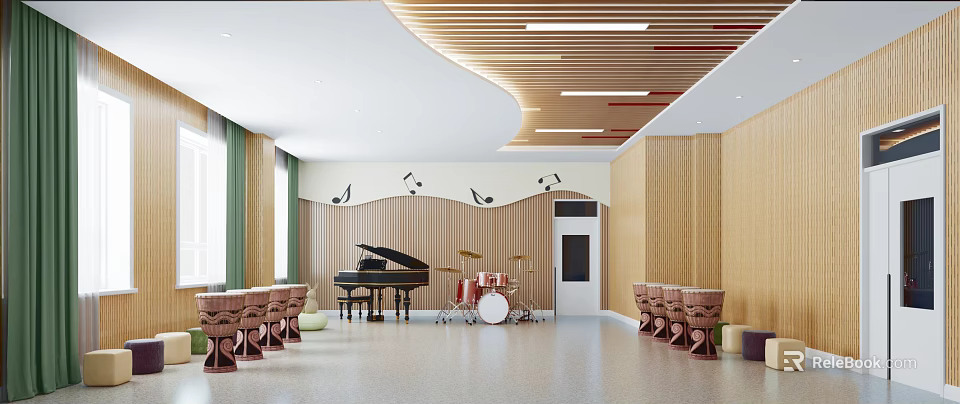 Modern Music Classroom Interior Featuring Black Piano Drum Set And Wooden Wall Decorations 3d model 