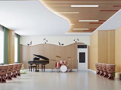 Modern Music Classroom Interior Featuring Black Piano Drum Set And Wooden Wall Decorations 3d model