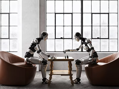 Smart Machines Playing Chess In Modern Room With Large Windows And Brown Leather Sofas 3d model