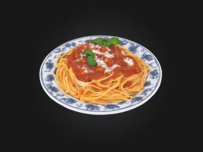 Spaghetti with Tomato Sauce Parmesan Cheese and Fresh Basil on Blue White Patterned Plate 3d model