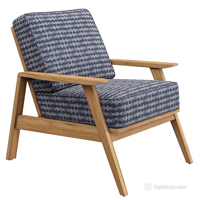 Modern Comfortable Armchair With Oak Wooden Frame And Blue White Striped Fabric 3d model 