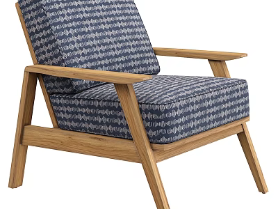 Modern Comfortable Armchair With Oak Wooden Frame And Blue White Striped Fabric 3d model