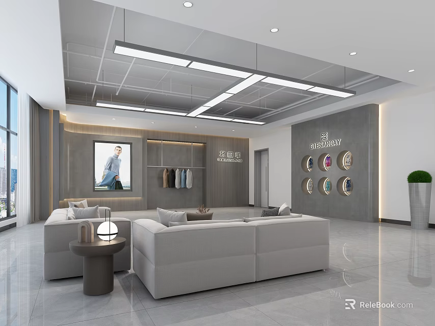 Modern Spacious Lounge Area With Comfortable Sofa Coffee Table Wall Decor And Large Windows 3d model