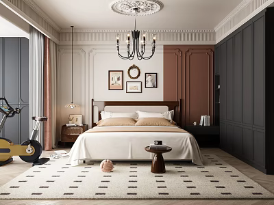 Elegant Modern Bedroom Interior With Chandelier Bed Patterned Rug And Dark Wardrobes 3d model
