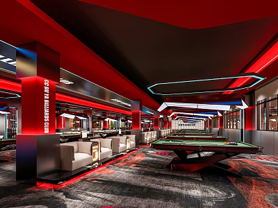 Modern Billiard Room Interior With Red Black Decor Pool Tables And Seating 3d model