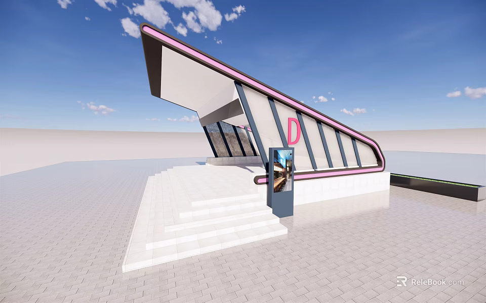 Modern Station Architectural Design With Glass Facade White Steps And Entrance 3d model 