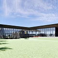 Modern Sales Office Building Exterior Design With Sloped Roof Large Glass Wall And Lawn Path