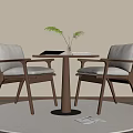 Modern Wooden Table Chair Set with Gray Cushioned Chairs Vase Plant Tablet on Round Rug