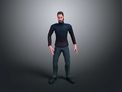 Man in Dark Blue Turtleneck Sweater Dark Pants and Black Shoes Standing Against Gray Background 3d model