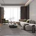 Modern Living Room Interior With L shaped Sofa Green Accent Chair Fireplace And Large Windows