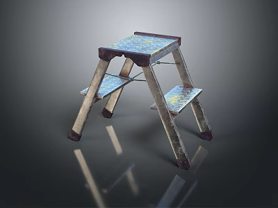 Metal Folding Ladder With Blue Patterned Steps And Dark Background Reflection 3d model