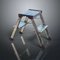 Metal Folding Ladder With Blue Patterned Steps And Dark Background Reflection