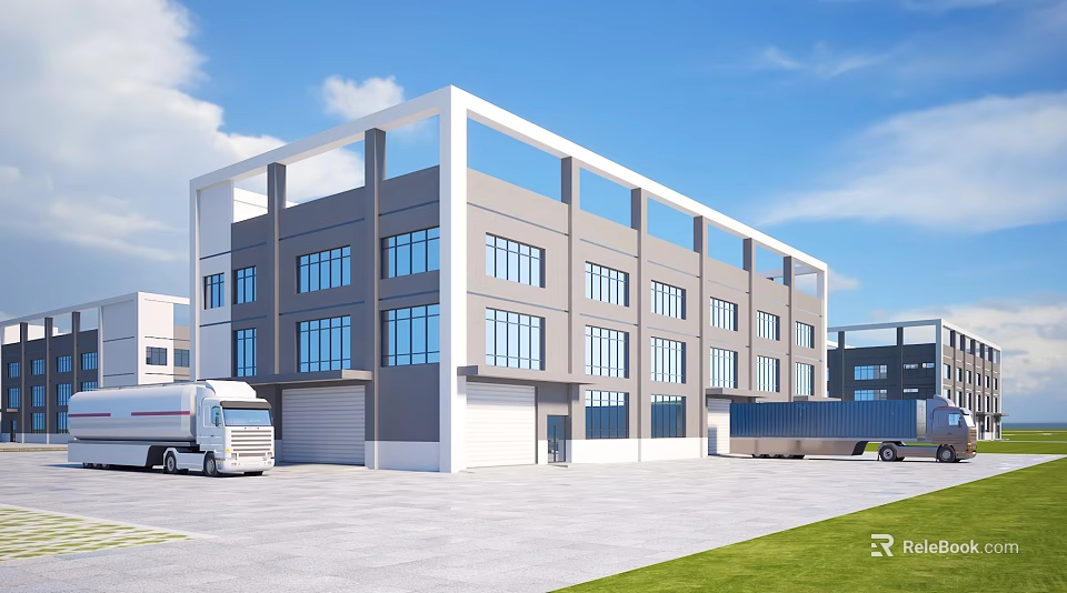 Modern Multi Storey Industrial Factory Building With Large Windows Parking Truck Container Grass Blue Sky 3d model 