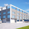 Modern Multi Storey Industrial Factory Building With Large Windows Parking Truck Container Grass Blue Sky