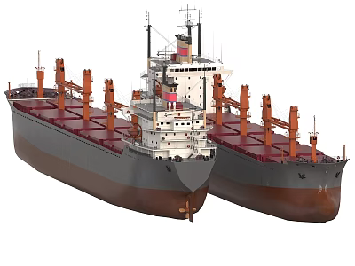 Two Cargo Ships with Red Decks Grey Hulls and Cargo Loading Cranes 3d model
