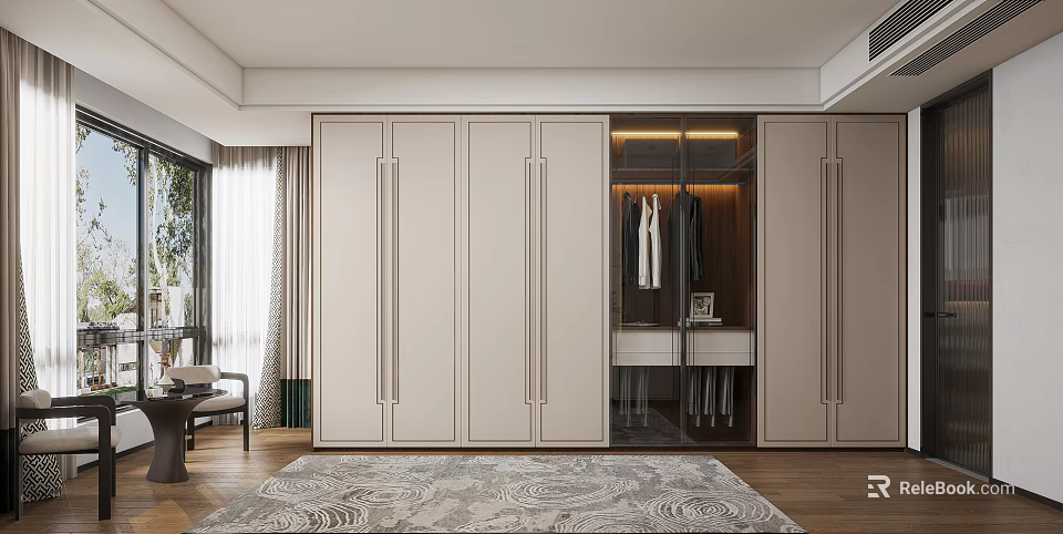 Modern Walk in Closet with Glass Door Cabinets and Hanging Clothes Area 3d model 