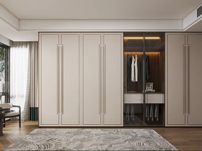 Modern Walk in Closet with Glass Door Cabinets and Hanging Clothes Area 3d model