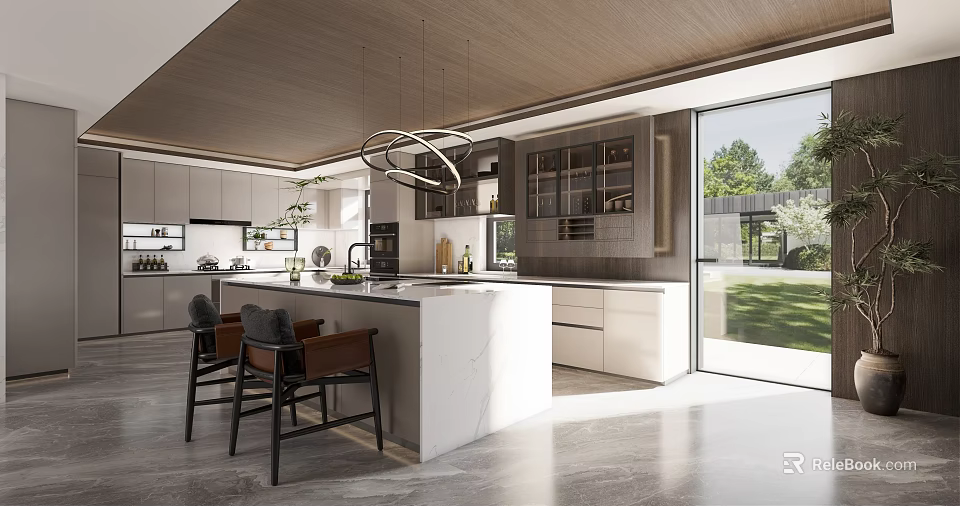Modern Kitchen Interior With Marble Island Pendant Lights Cabinets And Garden View 3d model 