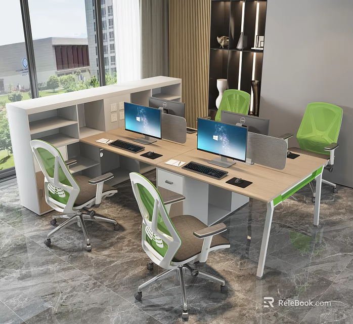 Modern Office Desk With Multiple Workstations Computer Monitors Green Chairs And White Shelves 3d model